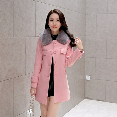 2015秋冬新款 韩版毛呢外套女装修身中长款外套呢子大衣