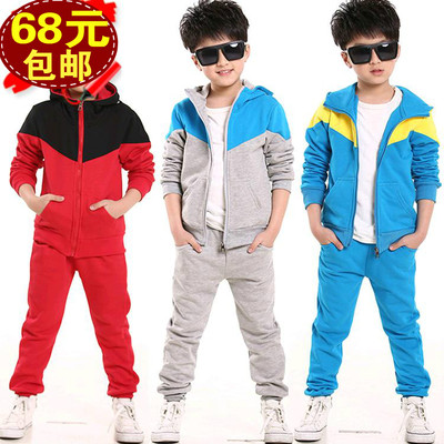 新款秋冬韩版儿童套装男童中大童加绒全棉拼色两件套童装批发卫衣