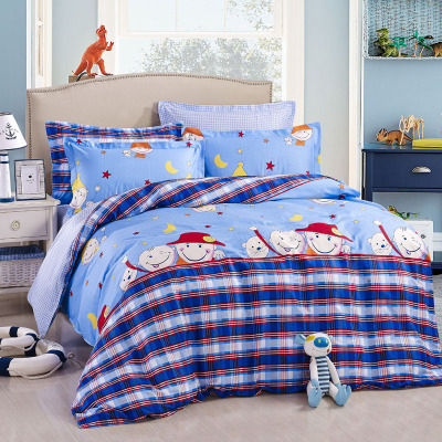 纯棉格子天蓝色卡通星星图案床单被套罩床上用品四件套1.35 1.5m
