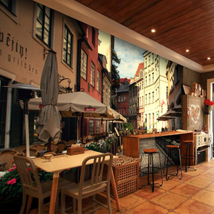 休闲奶茶店咖啡厅西餐馆酒吧背景墙纸欧美怀旧街景3D壁纸壁画