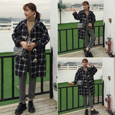 2016冬季新款韩版复古格子宽松长袖毛呢外套中长款加厚呢子大衣女