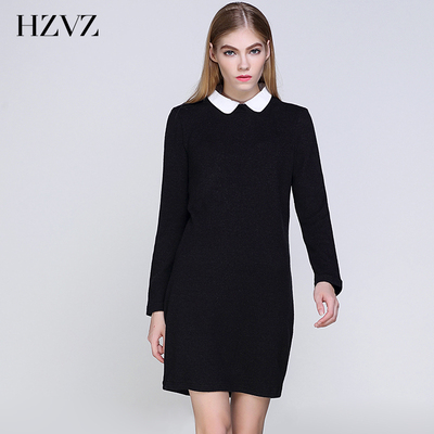 HZVZ欧美简约2015秋季新品女装修身显瘦高端大牌中长款长袖连衣裙