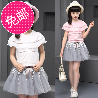 童套装2016夏季新款韩版女童中大童时尚短袖荷叶边纱裙 一件代发