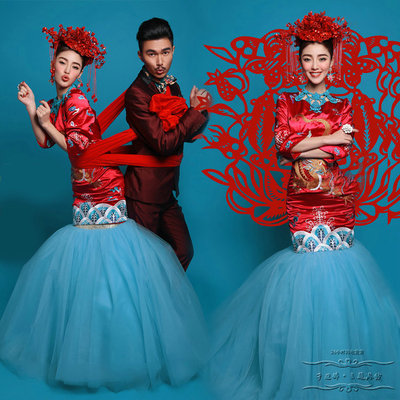 2015新款影楼主题中国风红色鱼尾礼服情侣写真婚纱摄影演出服装