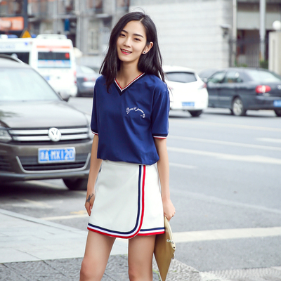 2016年夏季韩版时尚V领短袖修身印花韩版显瘦两件套休闲女套装