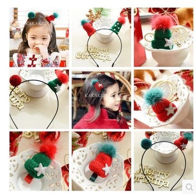 新年圣诞节小毛球帽子发夹 五角星立体毛线帽发圈 韩版儿童头饰品