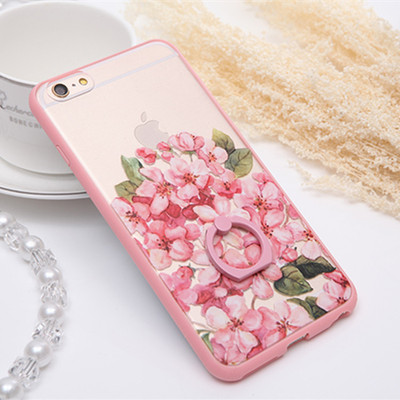 中国风iphone6S指环支架手机壳 苹果6plus桃花粉色硅胶创意软壳女