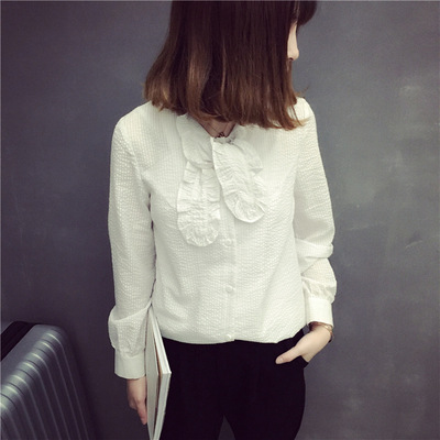 2016韩版女装秋冬纯白色长袖立领衬衫花边蝴蝶结修身办公室OL衬衣