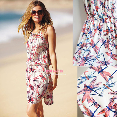 2014夏季新款 清新蜻蜓印花连衣裙 海边渡假沙滩裙 风情吊带裙