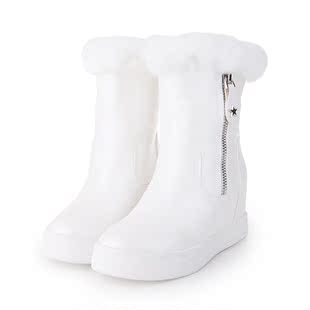 2015冬季简约漆皮圆头低跟雪地靴防滑橡胶底兔毛纯色坡跟短靴