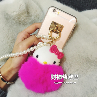 韩国KT猫咪毛球吊坠iphone6s手机壳透明苹果6plus珍珠链条保护套