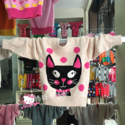 韩版男女童羊绒衫圆领加厚毛衣卡通猫咪套头衫宝宝羊绒针织衫百搭
