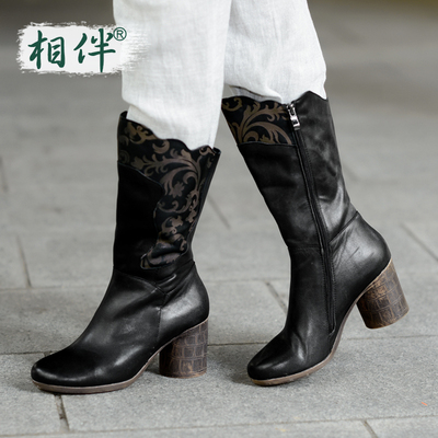 原创手工雕花真皮女靴子高跟粗跟复古中国风头层牛皮中筒靴冬季潮