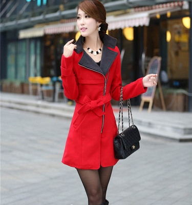 2015秋季韩版新品风衣女修身大码女装中长款长袖纯色毛呢大衣外套