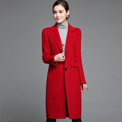 2015秋冬新款本命红女装外套 长款羊毛大衣纯色毛呢外套女