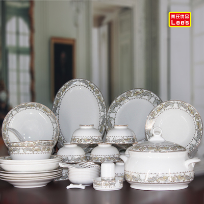 家用碗碟套装中式潮州市高档48头骨瓷餐具套装碗盘陶瓷结婚瓷器