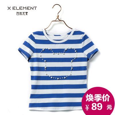 自然元素15夏新圆领修身显瘦简约蓝白条纹T恤 女装短款短袖针织衫