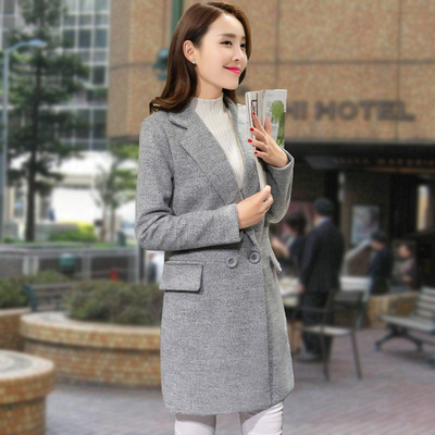 2015冬季新款大码女装韩版显瘦双排扣呢大衣女休闲中长款毛呢外套