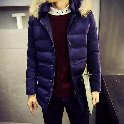2015韩版修身棉服男士加厚保暖中长款棉衣大毛帽子纯色男式棉袄