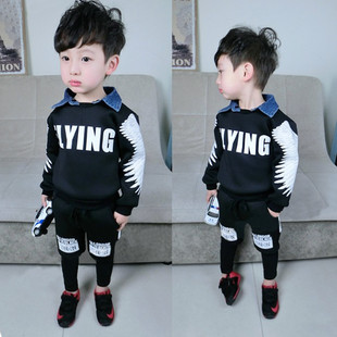 男童装2016春款中小童休闲运动纯棉套装宝宝牛仔领韩版卫衣两件套