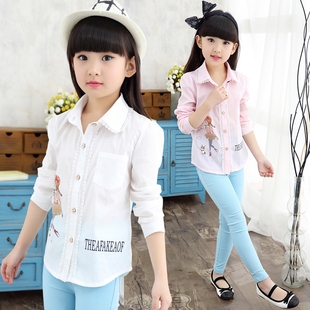 女童白衬衣长袖纯棉中大童2016春装新款韩版可爱时尚修身儿童衬衣