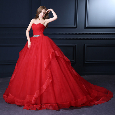 2015新款韩版时尚简约风格新娘抹胸显瘦结婚红色彩色拖尾婚纱礼服