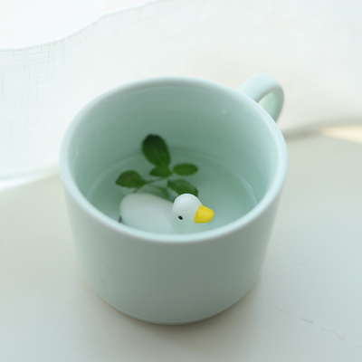 千度尚品杯底动物咖啡杯 立体陶瓷杯 创意杯子 青瓷水杯 带盖勺子