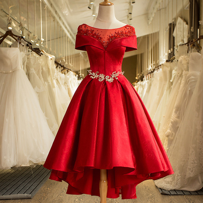 敬酒服新娘2016新款红色前短后长一字肩修身晚礼服短款结婚礼服女