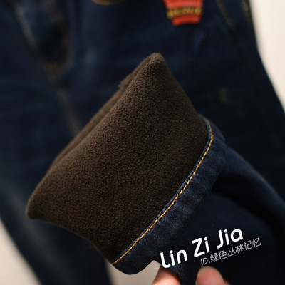 LIN ZI冬季新款深蓝色加厚加绒高腰牛仔裤女韩版显瘦修身铅笔长裤