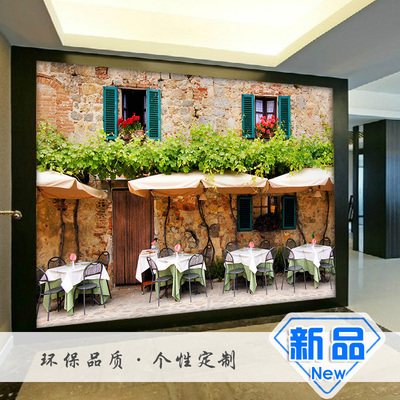 大型欧式城市小镇餐厅咖啡馆客厅壁画沙发酒吧电视背景墙壁纸墙纸