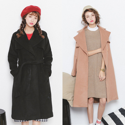 2015秋冬新款韩版插肩袖羊绒呢子宽松大码中长款翻领大衣外套女式