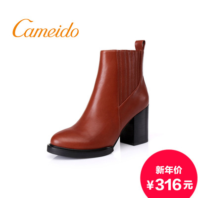 Cameido/卡美多2015冬季新款马丁靴女真皮粗跟高跟尖头短靴女短靴