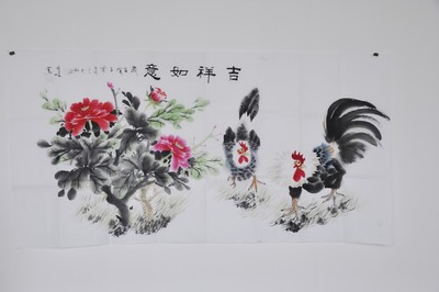 四尺国画作品《吉祥如意》 牡丹公鸡图已装裱实木框限售山东省内