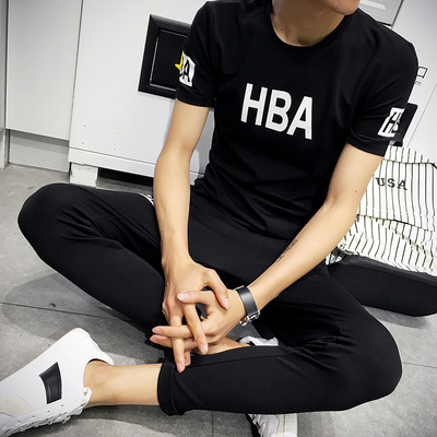 港风HBA男士短袖T恤运动套装夏季休闲长裤情侣装韩版学生修身一套