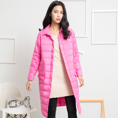 2015冬季新款韩版休闲宽松中长款粉色时尚大码女装轻薄羽绒服外套
