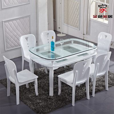 实木白色钢化双层玻璃餐桌椅子组合 西餐桌子韩式版简约现代特价