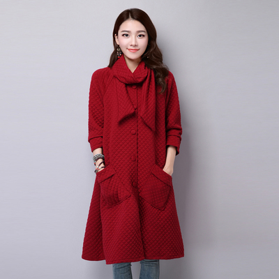 2015冬新款韩版女装文艺宽松大码夹棉中长款长袖开衫外套