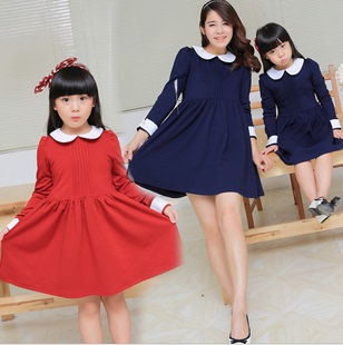 亲子装2015秋装新款 复古学院风长袖连衣裙 韩国专柜 母女装 童装