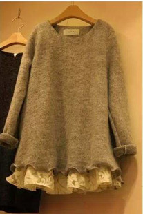 女装2015秋冬时尚韩版羊毛呢显瘦连衣裙欧洲站蕾丝边打底连衣裙