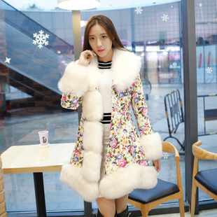 冬季新款女装毛领印花皮草羽绒服韩版修身加厚中长款棉皮衣外套