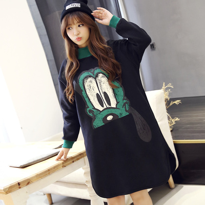 2015冬装新品韩版大码女装宽松卫衣加绒加厚长款套头卡通绒衫