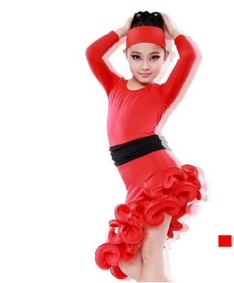 少儿拉丁舞蹈表演出服装女童长袖规定服比赛练功服连衣裙