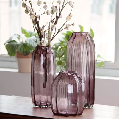新古典简约现代简欧紫色条纹透明玻璃花瓶花器客厅餐桌装饰摆件