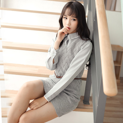 秋冬韩国学院风学生衬衫毛衣背带背心裙两件套装打底针织连衣裙