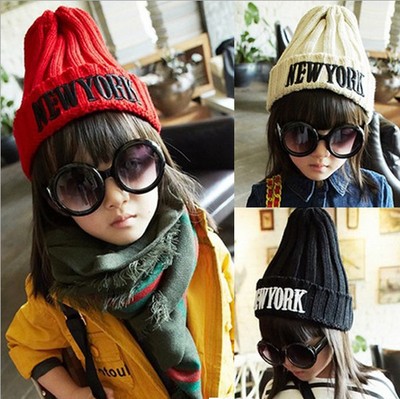 冬季新款韩版儿童帽子毛线帽刺绣字母英文男童女童加绒保暖帽包邮