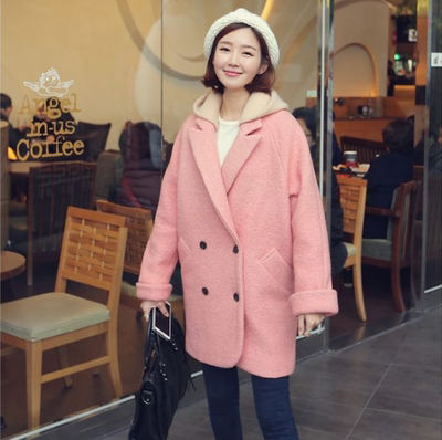 韩国冬学生大码宽松直筒呢子大衣女连帽双排扣中长款长袖毛呢外套