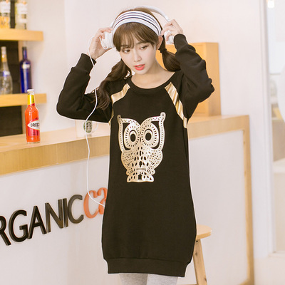 #5151 2015韩国东大门韩版女装 长款加绒女式卫衣猫头鹰套头
