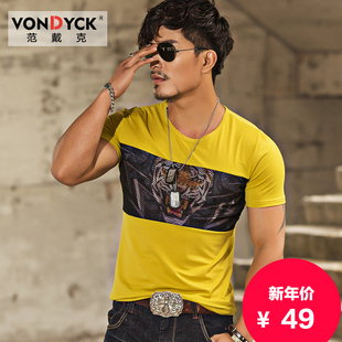 VONDYCK/范戴克3D立体欧根纱印花男个性潮t恤夏季修身男士短袖T恤
