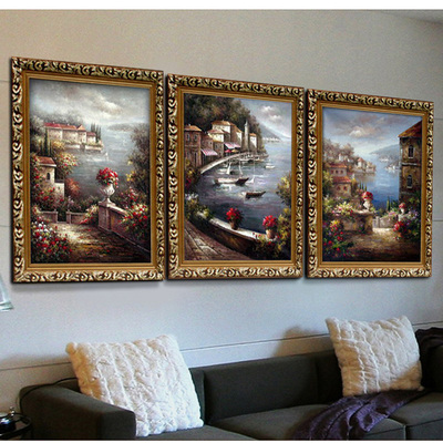 欧式装饰画简欧风景客厅三联壁画滨海城市竖款有框油画浪漫地中海