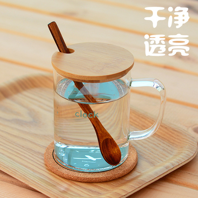 创意玻璃杯 原创正品杯子 水杯 马克杯 简约透明 花茶杯 带盖子勺
